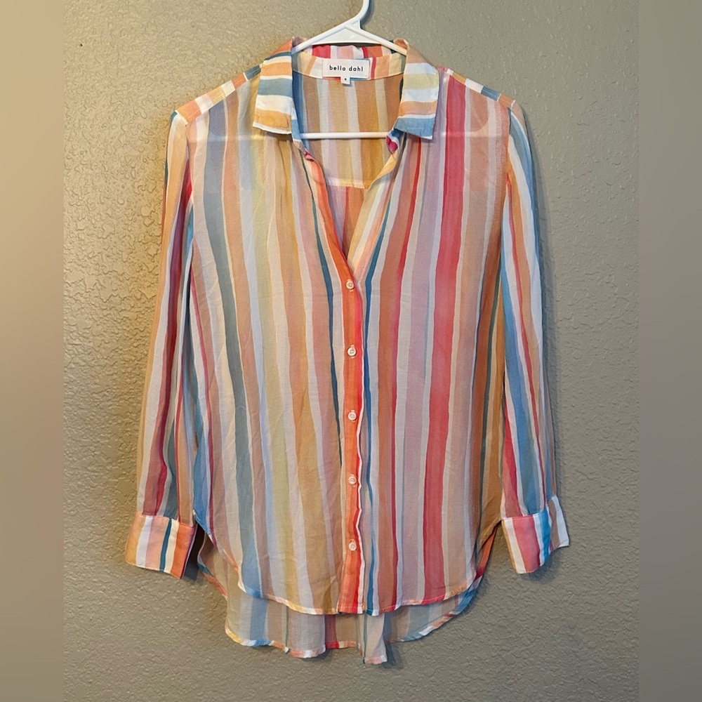 Bella Dahl Flowy Rainbow Striped Button Down Blouse Silky Beach High Low Size S